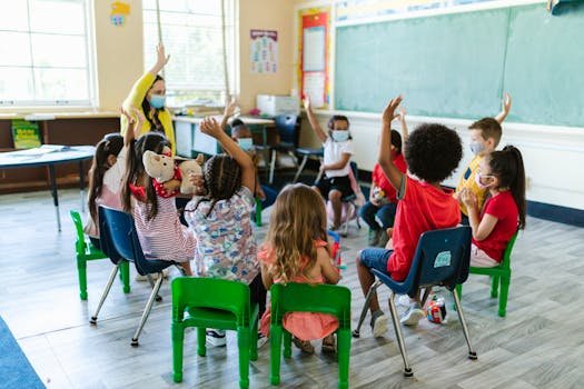 Diverse group of children in a classroom, raising hands, led by masked teacher. Bright and engaging learning environment.