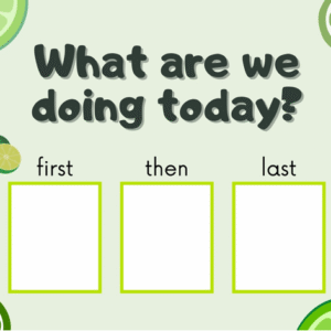 visual schedule for speech therapy in a green citrus fruit illustrated
